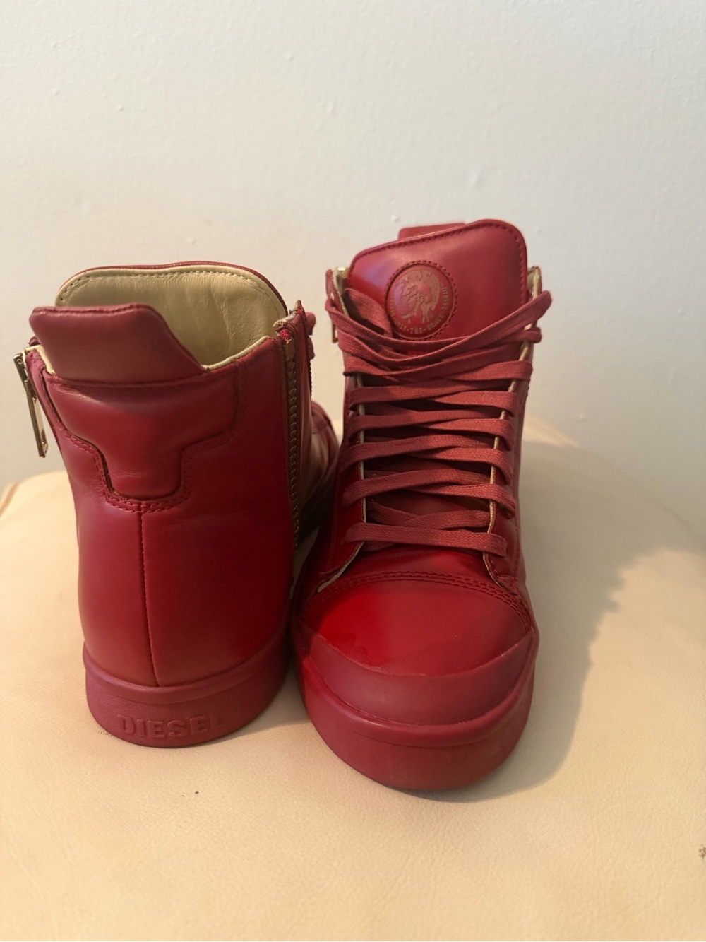 Diesel Red High-Top Leather Sneakers with Side Zip